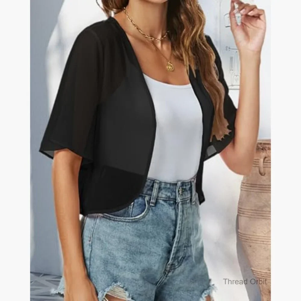 Chiffon Shrug Cardigan Short Sleeve Open Front Bolero for Evening Dressy - Picture 4 of 7